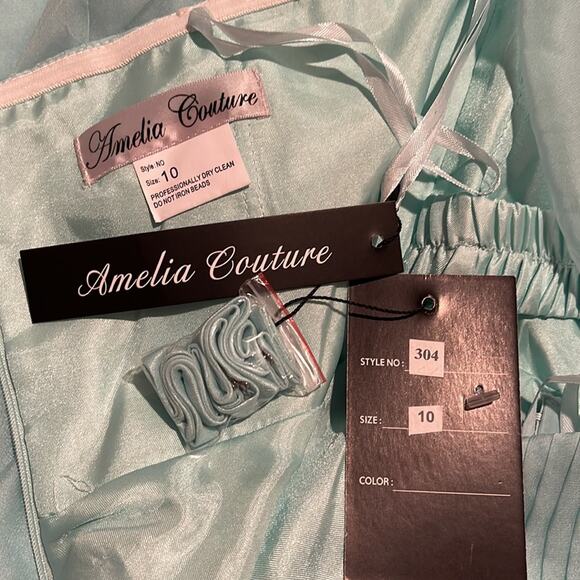 Amelia Couture Strapless Chiffon Gown Train Detail Blue Size 10 - Picture 12 of 14